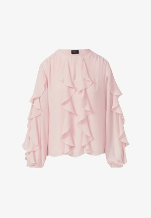 Hellrosa Bluse mit Rüschendetails an der Vorderseite und den Ärmeln, Rundhalsausschnitt und gerafften Manschetten. Strukturierter Stoff.