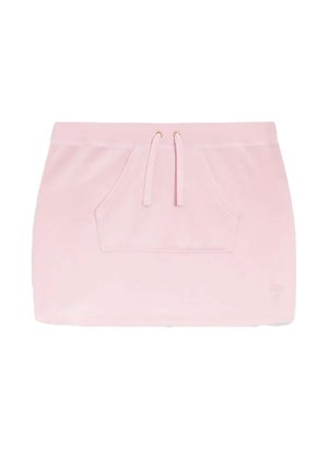 Roze minirok van tricot met een trekkoord in de taille, een voorvak en gouden accenten. Gladde textuur en een aansluitend ontwerp.