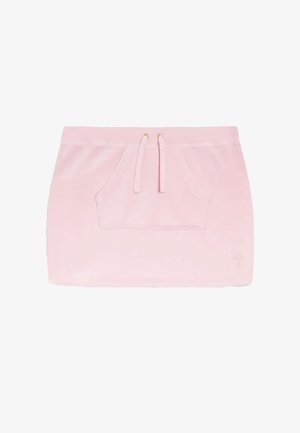 Roze minirok van tricot met een trekkoord in de taille, een voorvak en gouden accenten. Gladde textuur en een aansluitend ontwerp.