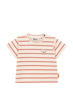 Kurzärmliges gestreiftes T-Shirt in Creme und Rot, mit einer Bärenstickerei auf der Brust und einem gelben Markenzeichen an der Seite.