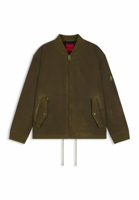 Olive green bomber jacket made of smooth fabric, featuring ribbed cuffs, side pockets, and a zippered sleeve pocket. Drawstrings at the hem.