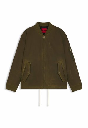 Olive green bomber jacket made of smooth fabric, featuring ribbed cuffs, side pockets, and a zippered sleeve pocket. Drawstrings at the hem.