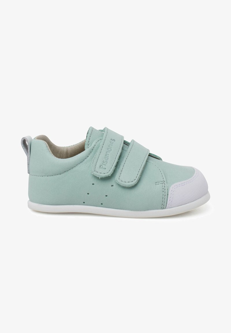Light green leather shoes with two velcro straps, rounded toe, white rubber sole, and perforated side detail for breathability.