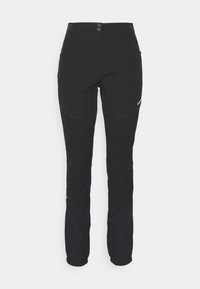 Mustat ulkoiluhousut, jotka on valmistettu joustavasta kankaasta, jossa on slim fit -leikkaus, kaksi etupainiketta ja korostustikkaukset polvissa.