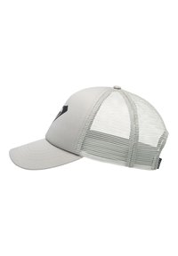 Casquette grise avec un panneau avant solide et un dos en mesh, ornée d'un logo noir sur le côté. Visière incurvée et fermeture à pression réglable.