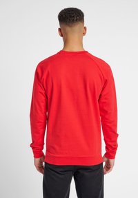 Sudadera roja de manga larga con cuello redondo y puños acanalados. Presenta una textura limpia y suave, además de un ajuste relajado. Se muestra vista posterior.