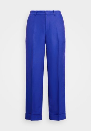 Pantalons en lin bleu royal avec une coupe droite, des plis sur le devant et un ourlet replié. Comprend des passants de ceinture et une fermeture éclair.