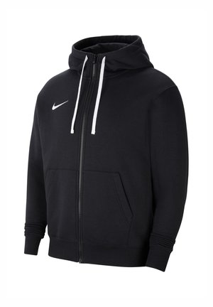 Czarna bluza z kapturem na zamek błyskawiczny z białymi sznurkami, przednimi kieszeniami, ściągaczami i białym logo Nike Swoosh na piersi.