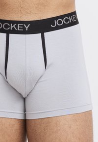 Gray boxers with black waistband featuring "JOCKEY" branding. Smooth fabric with contrasting vertical seams on the front.