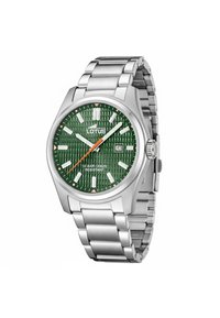 Silberne Edelstahluhr mit grünem, strukturiertem Zifferblatt, orangefarbenem Sekundenzeiger und weißen Stundenmarkierungen. Verfügt über ein Datumsfenster und ist wasserdicht.