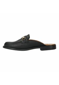 Black leather slip-on shoe with a rounded toe and small heel. Features a decorative strap with a gold-tone buckle and textured surface.