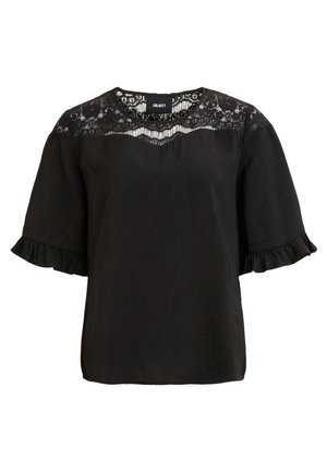 Czarna bluzka z krótkim rękawem, koronkową wstawką na karczku i falbankami na mankietach, okrągłym dekoltem oraz luźnym krojem.