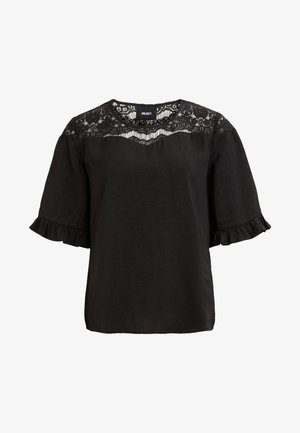 Schwarze kurzärmelige Bluse mit Spitzenpasse und gerafften Ärmelabschlüssen, rundem Ausschnitt und weiter Passform.