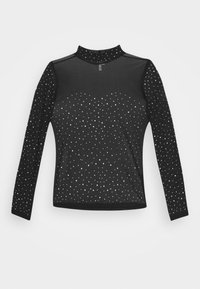 Svart långärmad topp i mesh-material. Har ett prickmönster med små vita detaljer. Hög halsringning med texturerade ärmar.