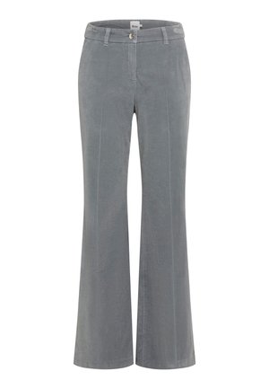 Grau corduroy Schlaghosen mit Fronttaschen, Knopfverschluss und Gürtelschlaufen. Weiche Textur und glatte Oberfläche, ideal für die Freizeit.