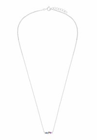 Zilveren ketting met een verfijnd ontwerp, featuring drie kleine kleurstenen: blauw, roze en groen. Verstelbare lengte met een haaksluiting.