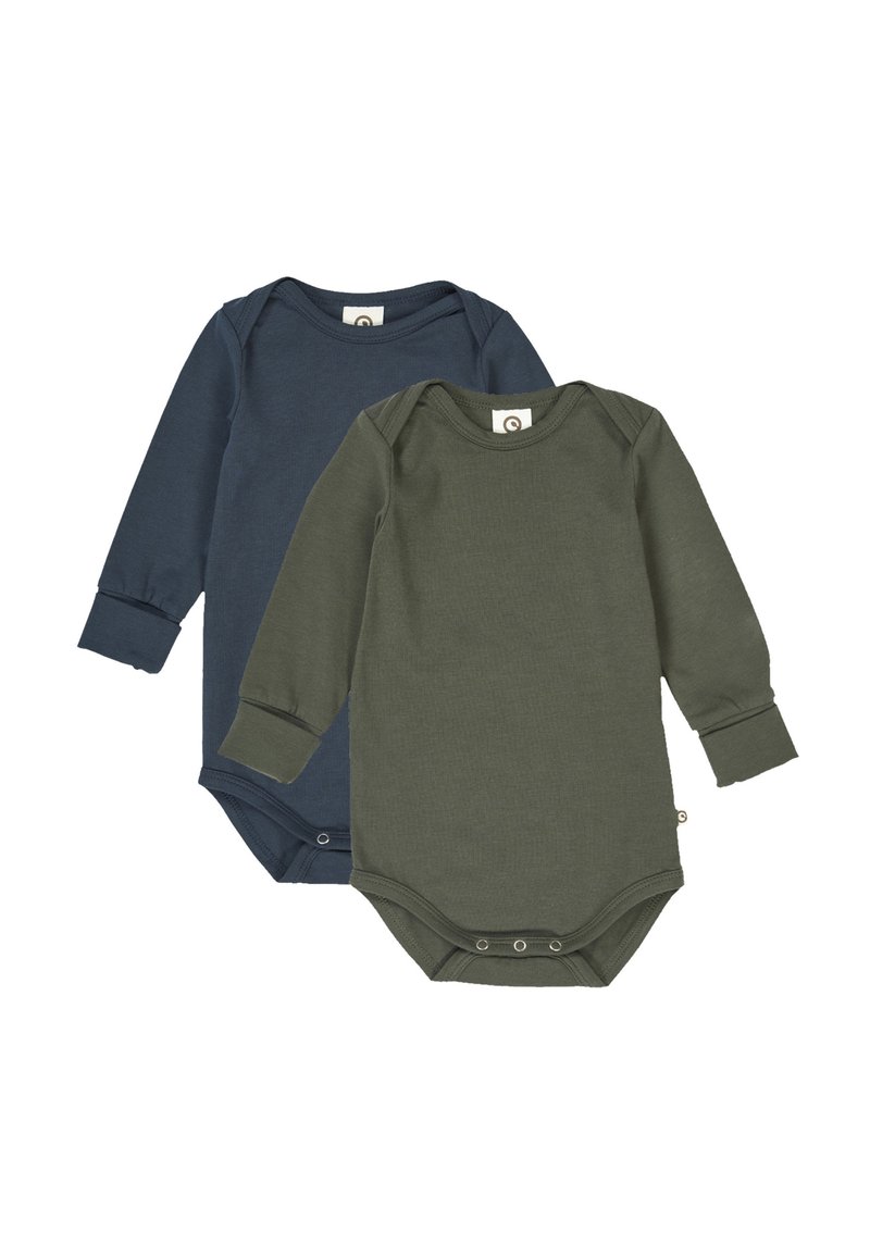 Dwa body z długim rękawem: jedno w kolorze granatowym, drugie w oliwkowym. Wykonane z miękkiego materiału z zapięciami na zatrzaski na dole i ściągaczami przy mankietach.