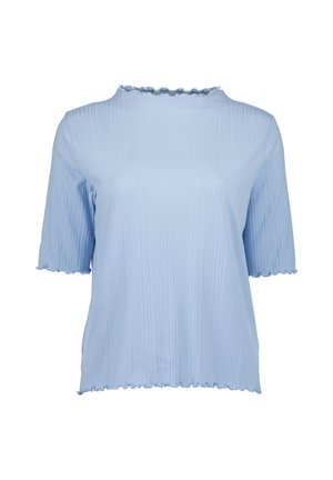 Lichtblauwe top met korte mouwen, ribbelstructuur en gerafelde randen. Ronde halslijn, licht losse pasvorm en cropped lengte.