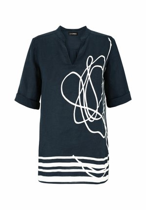 Navy blue tunic with 3/4 sleeves, V-neck, white abstract scribble design on front and white horizontal stripes at hem.