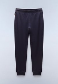 Donkerpaarse joggingbroek met een gladde textuur, elastische tailleband en geribbelde boorden. Eenvoudig ontwerp, geen zichtbare patronen of accenten.