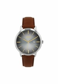 Herren-Armbanduhr mit einem Gehäuse aus silbernem Edelstahl, grauem Gradienten-Zifferblatt, goldenen Stundenmarkierungen und braunem Lederarmband. Verfügt über eine Datumsanzeige.