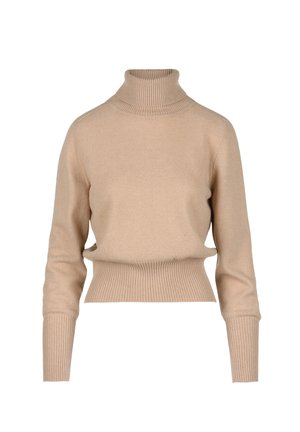Pulover bej cu guler stil turtleneck dintr-un material moale, având guler și manșete cu nervuri, cu o croială scurtă și un design simplu, elegant.