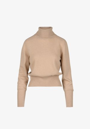 Pulover bej cu guler stil turtleneck dintr-un material moale, având guler și manșete cu nervuri, cu o croială scurtă și un design simplu, elegant.