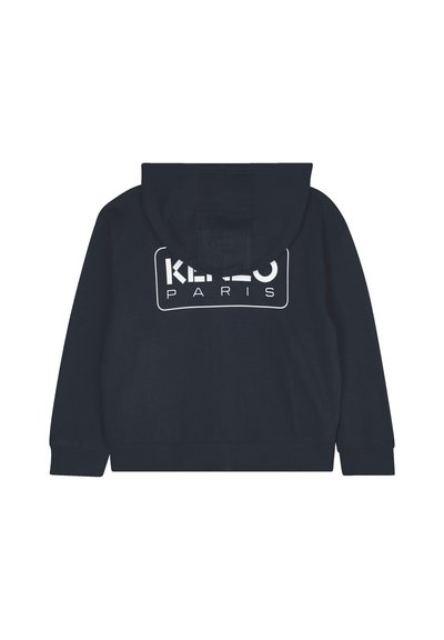 Haut à capuche bleu marine avec une capuche, des manches longues et un logo blanc "KENZO PARIS" au dos à l'intérieur d'un cadre rectangulaire.