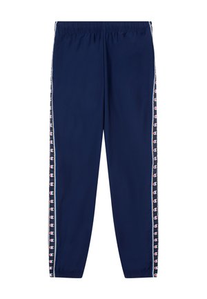 Pantaloni della tuta color blu navy con vita elasticizzata, caratterizzati da strisce laterali bianche e dettagli con logo lungo le cuciture. Materiale liscio e leggero.