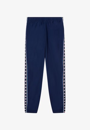 Pantaloni della tuta color blu navy con vita elasticizzata, caratterizzati da strisce laterali bianche e dettagli con logo lungo le cuciture. Materiale liscio e leggero.
