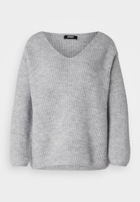 Grauer gestrickter Pullover mit V-Ausschnitt und langen Ärmeln. Hat eine gerippte Textur und eine lockere Passform, ideal für Schichten.