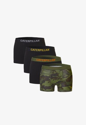 Four pairs of men's boxer shorts. Colors: black, dark green camo. Features: elastic waistbands with "CATERPILLAR" logo in contrasting colors.