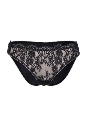 Intimo in pizzo nero con motivo floreale, dettagli in pizzo trasparente sul fronte e tessuto nero opaco sul retro con bordatura decorativa.
