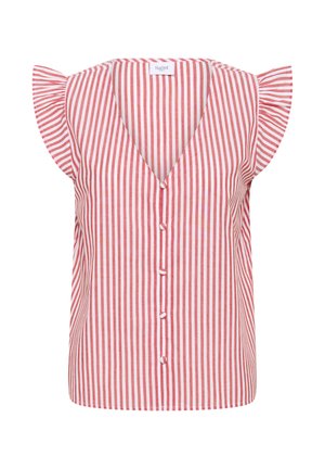 Red and white striped blouse with short flutter sleeves, V-neck, and front button closure. Made from lightweight fabric.
