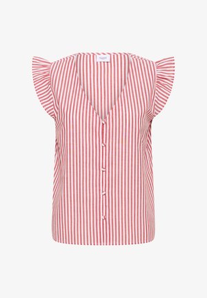Bluse mit roten und weißen Streifen, kurzen Schmetterlingsärmeln, V-Ausschnitt und Knopfverschluss vorne. Hergestellt aus leichtem Stoff.
