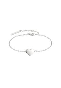 Silver chain bracelet featuring a heart-shaped charm with a polished finish and a small rectangular tag, adjustable length with a clasp.