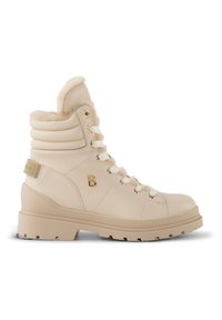 Bottes beiges à lacets avec doublure en fausse fourrure, tige en cuir lisse, accents en métal doré, bordure de cheville côtelée et semelle en caoutchouc épaisse.