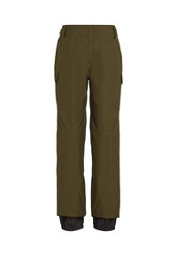 Olivgrüne Outdoor-Hosen aus strapazierfähigem Material, ausgestattet mit Seitentaschen, glatter Textur, elastischen Bündchen und einem geraden Schnitt.