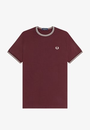 Short-sleeve maroon T-shirt with white double-striped collar and cuffs, featuring a small white laurel wreath logo on the left chest.
