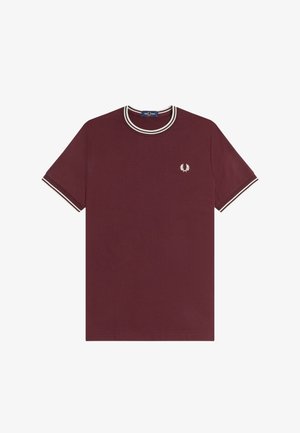 Short-sleeve maroon T-shirt with white double-striped collar and cuffs, featuring a small white laurel wreath logo on the left chest.