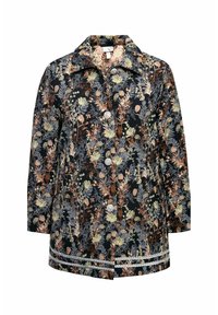 Kukkakuosisella takilla, jossa on musta tausta, kullanvärisiä, sinisiä ja oransseja kukkia. Nappikiinnitys ja kaulus, valmistettu pehmeästä kankaasta.