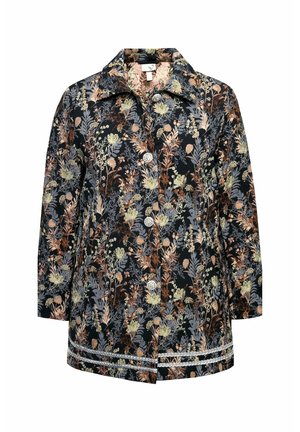 Bloemmotief jas met een zwarte achtergrond, versierd met beige, blauwe en oranje bloemen. Voorzien van knoopsluiting en een kraag, gemaakt van zachte stof.