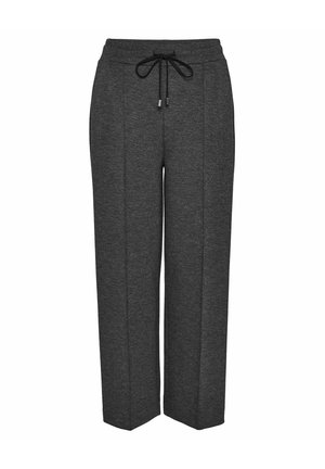 Grå, vidbenede joggingbukser med snor i taljen og to forreste syninger; lavet af et blødt, tekstureret stof for komfort.