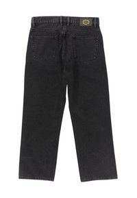 Black denim jeans with a straight leg cut, featuring a high waist, two back pockets, and a yellow brand label on the waistband.