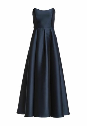 Maxi-jurk van donkerblauwe satijn, met een nauwsluitend lijfje, een ronde halslijn en een vloeiende A-lijn rok met naaldplooien voor extra volume.
