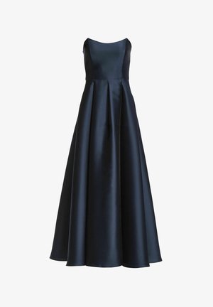 Maxikleid aus dunkelblauem Satin mit tailliertem Oberteil, U-Ausschnitt und fließendem A-Linien-Rock mit Messerfalten für mehr Volumen.