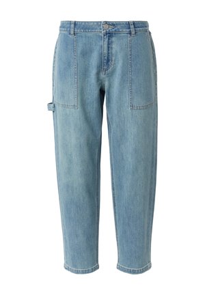 Lichtblauwe denimbroek met een hoge taille, rechte pijpen, twee voorkruiszakken en een zijzak voor gereedschap. Gladde textuur, minimale stiksels.