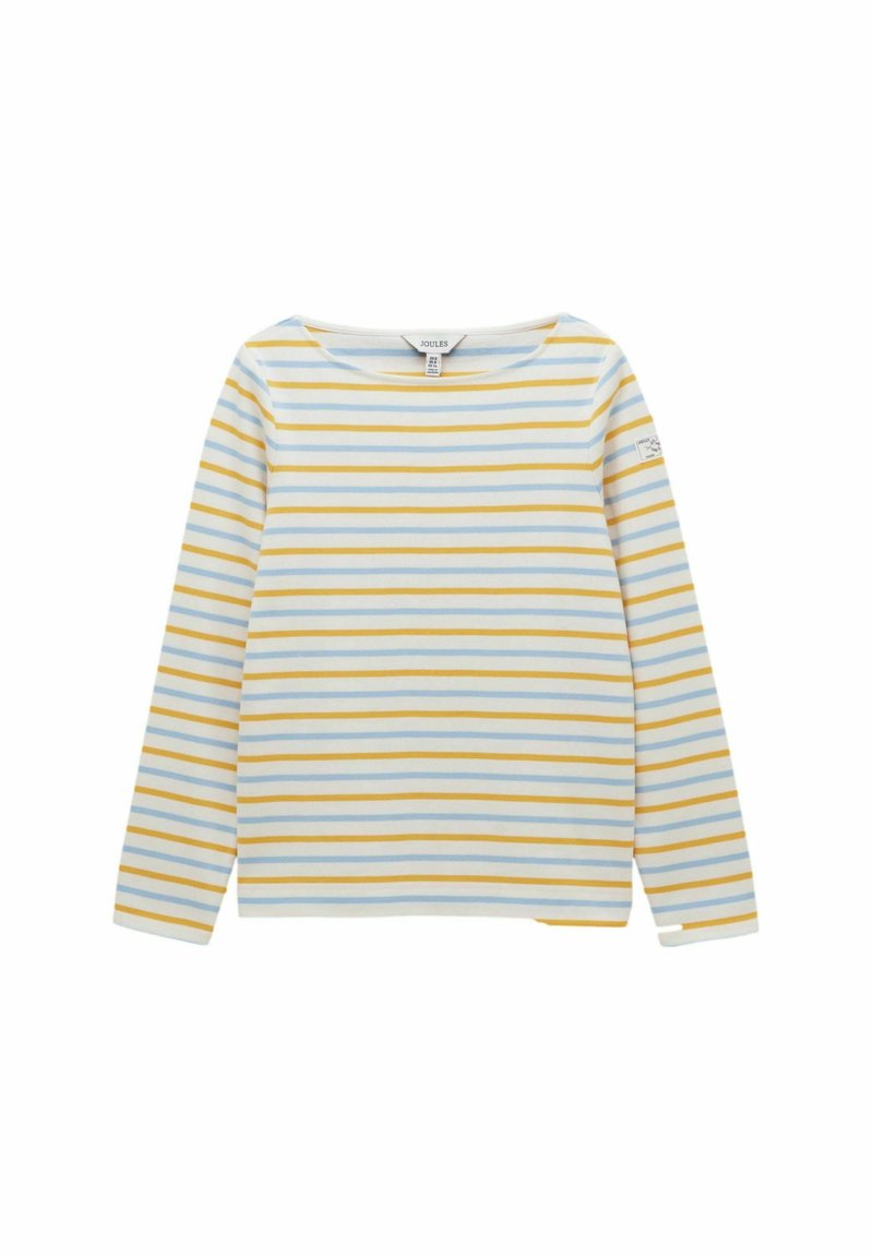 Cămașă cu mâneci lungi, cu dungi orizontale în alb, galben muștar și albastru deschis, având un decolteu rotund și etichetă de brand pe mâneca stângă.