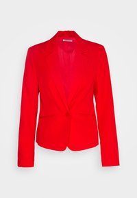 Blazer rouge pour femme, cintré, avec revers crantés, fermeture à un seul bouton et poches passepoilées à l'avant, présenté sur fond blanc.