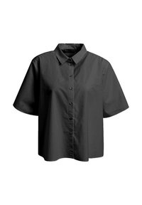 Black short-sleeve, button-up shirt with a collared neckline. Made of smooth fabric, featuring a boxy cut and a relaxed fit.
